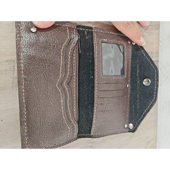 Women's leather embossed floral snap wallet card slots zipper pouch Gem Studded - Picture 6 of 9